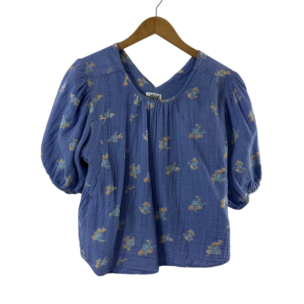 Citrus Blue Floral 100% Cotton Gauze Peplum Puff Sleeve Tie Back Blouse Womens M